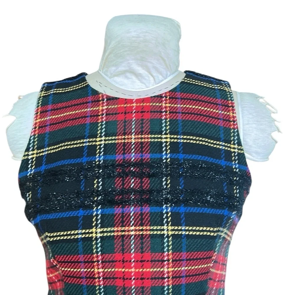 J. Crew Lurex Stewart Tartan Plaid Sleeveless Sheath Dress Holiday Red/Black 10P